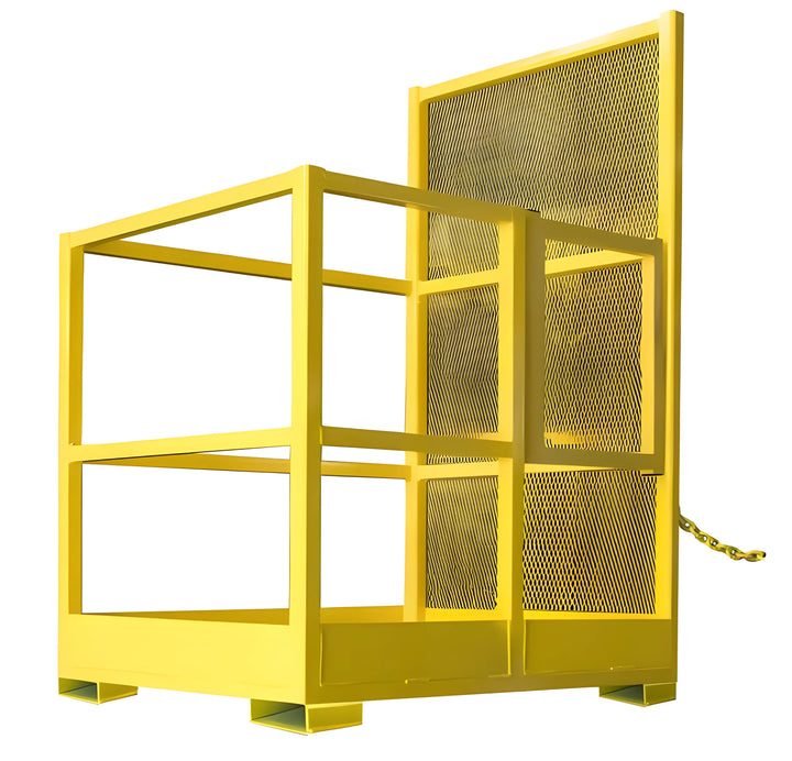 Yellow metal safety cage with mesh back and open sides.