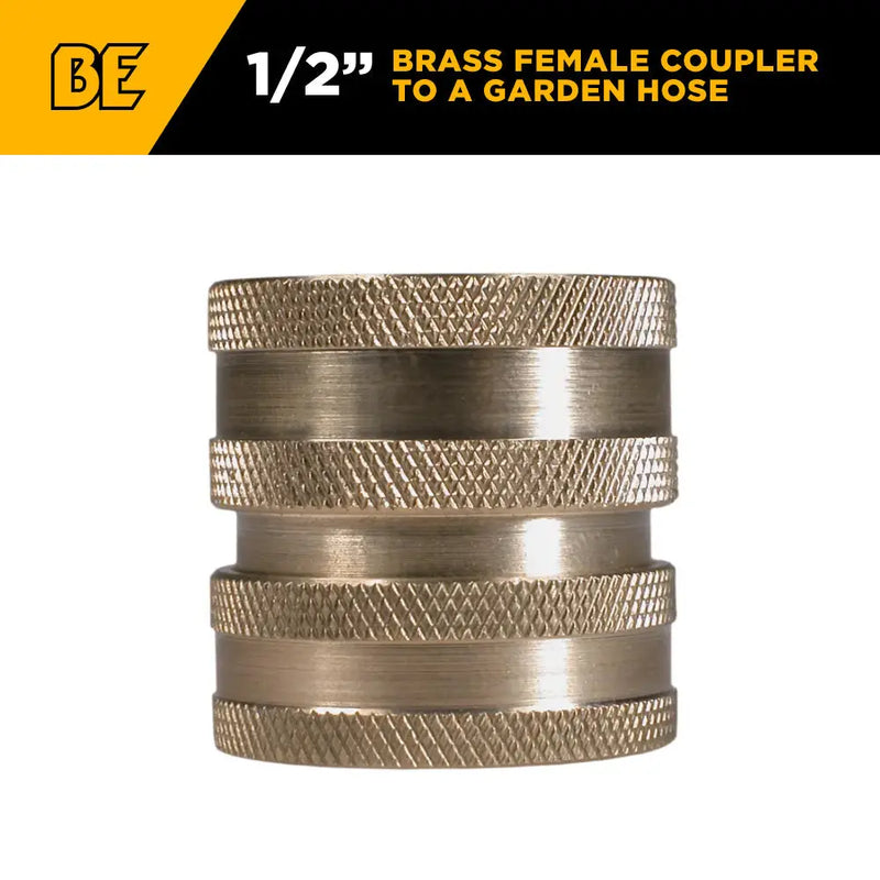 Brass 1/2" Female coupler to a garden hose, packaged BE Power Equipment