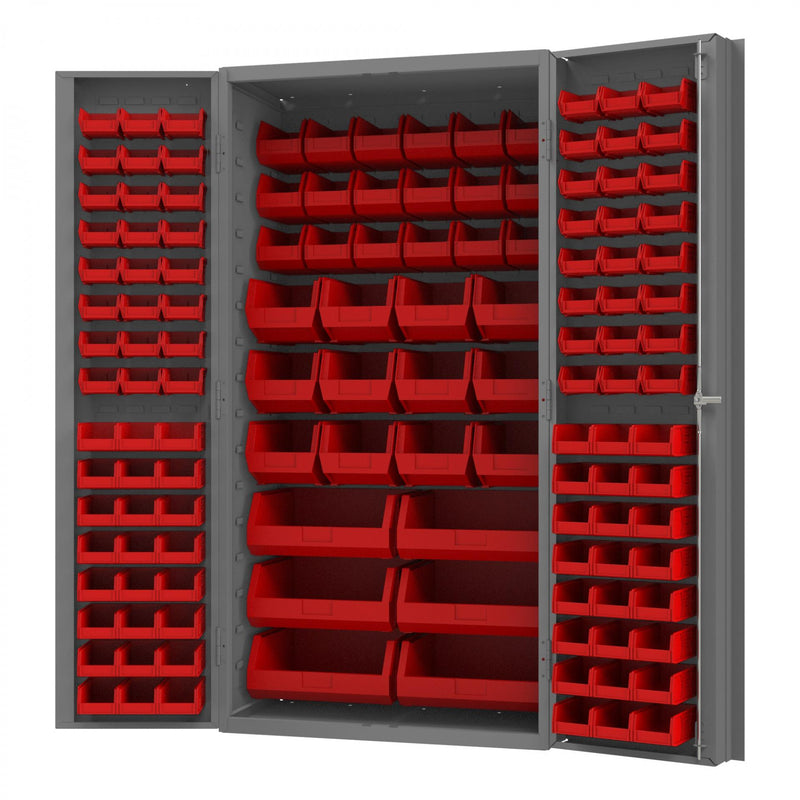 Durham Heavy Duty Cabinet, 14 Gauge, 36 x 24 x 72, 132 Red Bins, 4" Deep Box Doors with Louvered Panel, Gray