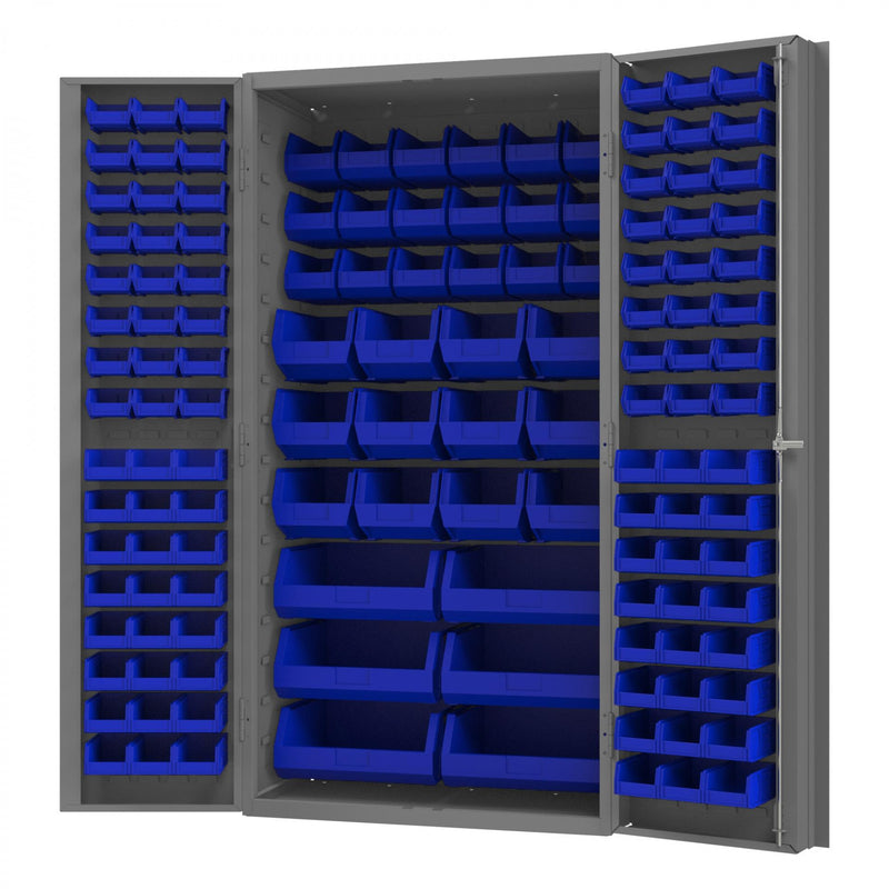 Durham Heavy Duty Cabinet, 14 Gauge, 36 x 24 x 72, 132 Blue Bins, Gray