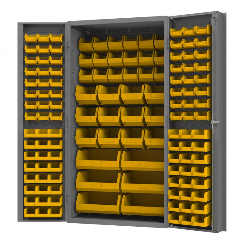 Durham Heavy Duty Cabinet, 14 Gauge, 36 x 24 x 72, 132 Yellow Bins, Gray