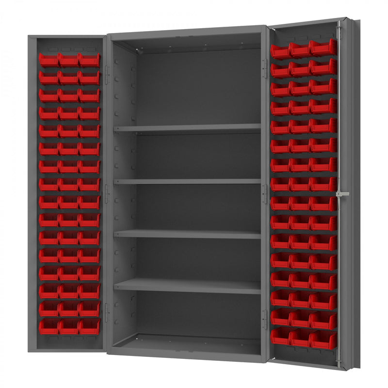 Durham Heavy Duty Cabinet, 14 Gauge, 36 x 24 x 72, 4 Adjustable Shelves, 96 Red Bins