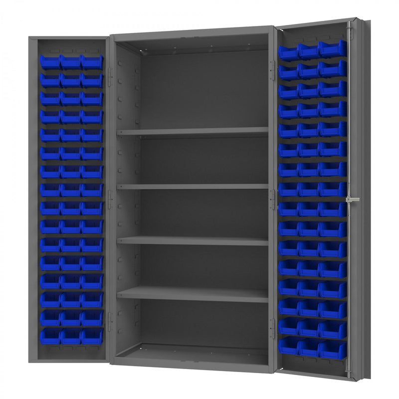 Durham Heavy Duty Cabinet, 14 Gauge, 36 x 24 x 72, 4 Adjustable Shelves, 96 Blue Bins