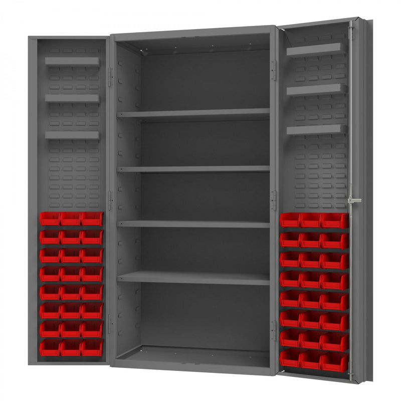 Durham Heavy Duty Cabinet, 14 Gauge, 36 x 24 x 72, 4 Adjustable Shelves, 48 Red Bins
