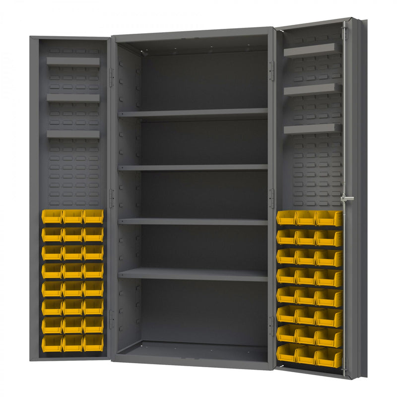 Durham Heavy Duty Cabinet, 14 Gauge, 36 x 24 x 72, 4 Adjustable Shelves, 48 Yellow Bins
