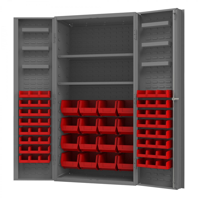 Durham Heavy Duty Cabinet, 14 Gauge, 36 x 24 x 72, 2 Adjustable Shelves, 64 Red Bins