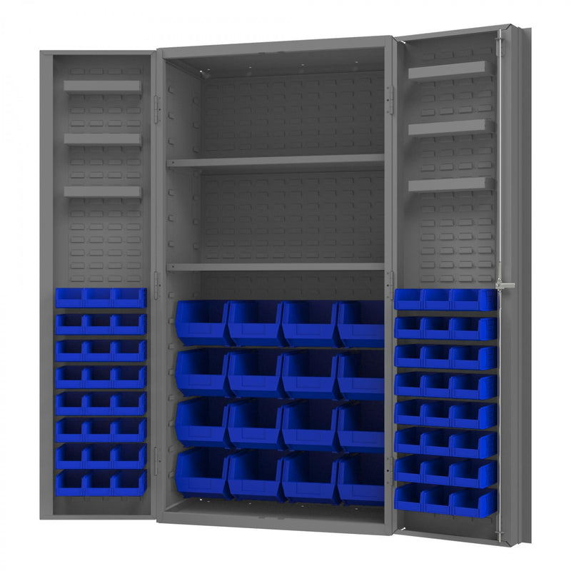 Durham Heavy Duty Cabinet, 14 Gauge, 36 x 24 x 72, 2 Adjustable Shelves, 64 Blue Bins