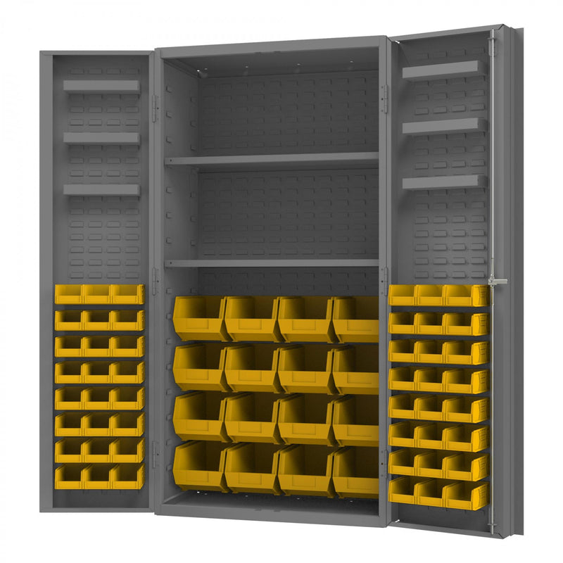Durham Heavy Duty Cabinet, 14 Gauge, 36 x 24 x 72, 2 Adjustable Shelves, 64 Yellow Bins