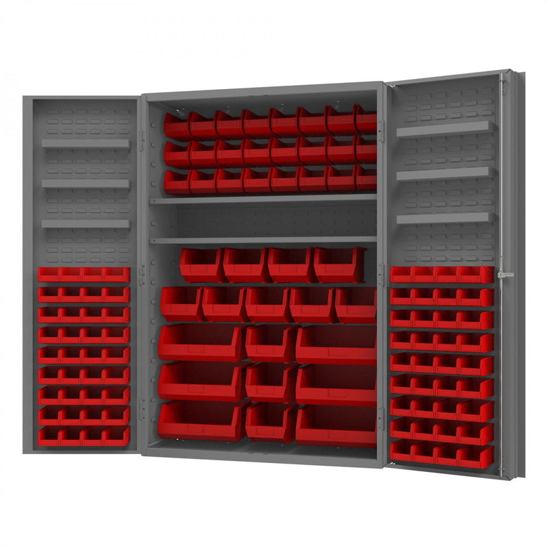 Durham Heavy Duty Cabinet, 14 Gauge, 48 x 24 x 72, 6 Door Shelves, 114 Red Bins