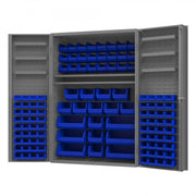 Durham Heavy Duty Cabinet, 14 Gauge, 48 x 24 x 72, 6 Door Shelves, 114 Blue Bins