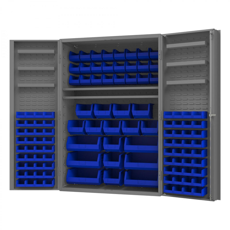 Durham Heavy Duty Cabinet, 14 Gauge, 48 x 24 x 72, 6 Door Shelves, 114 Blue Bins