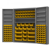 Durham Heavy Duty Cabinet, 14 Gauge, 48 x 24 x 72, 6 Door Shelves, 114 Yellow Bins