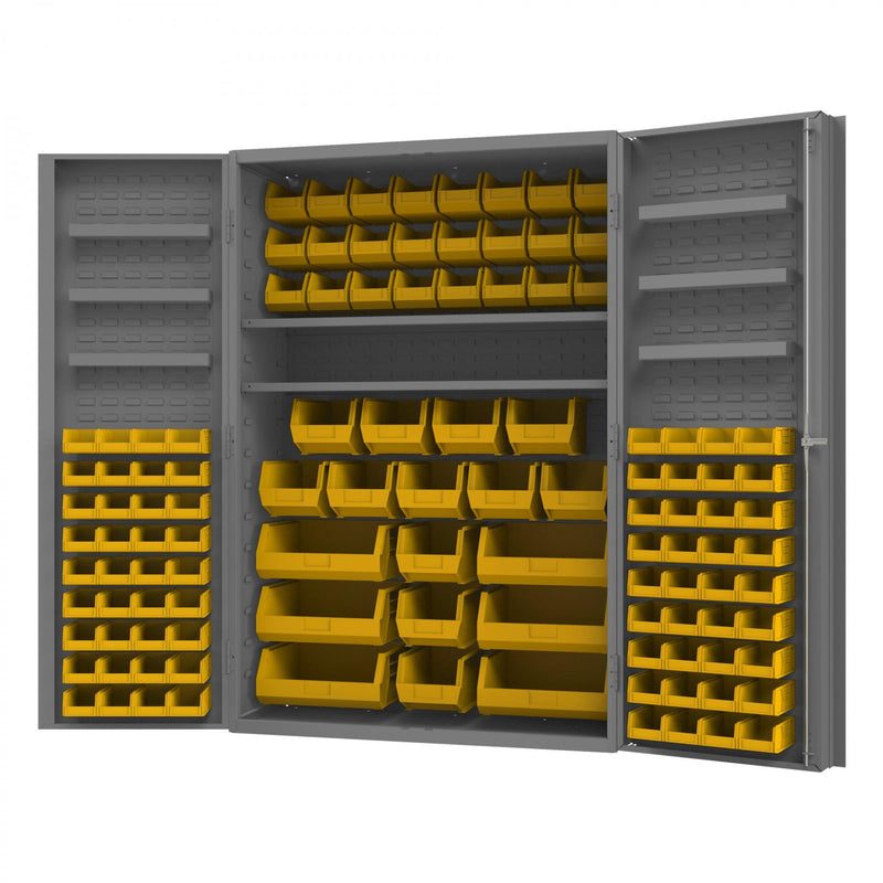 Durham Heavy Duty Cabinet, 14 Gauge, 48 x 24 x 72, 6 Door Shelves, 114 Yellow Bins