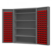 Durham Heavy Duty Cabinet, 14 Gauge, 48 x 24 x 72, 4 Adjustable Shelves, 128 Red Bins