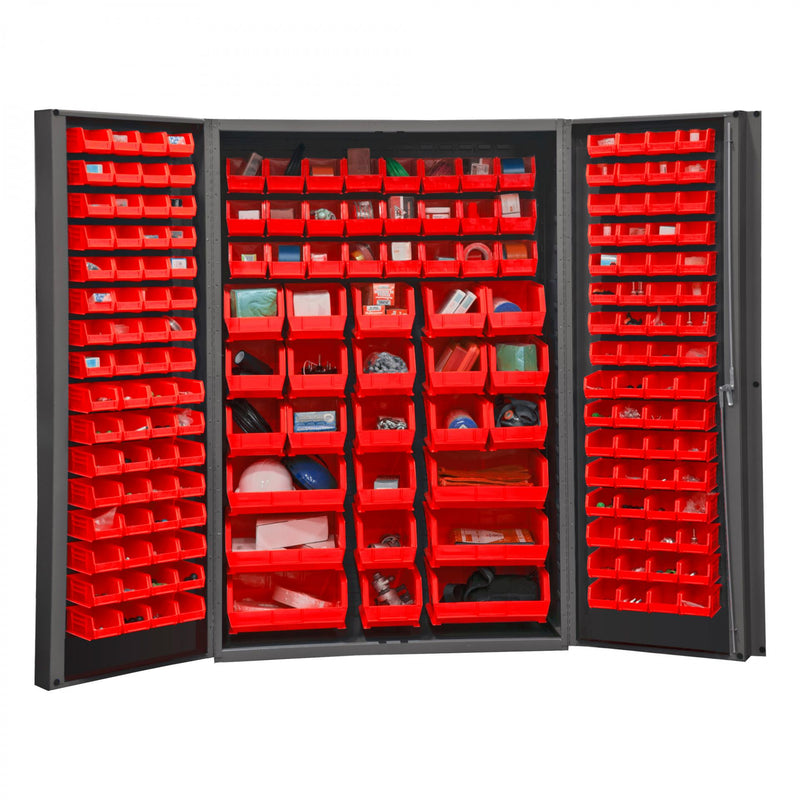 Durham Heavy Duty Cabinet, 14 Gauge, 48 x 24 x 72, 176 Red Bins, 4" Deep Box Doors with Louvered Panel
