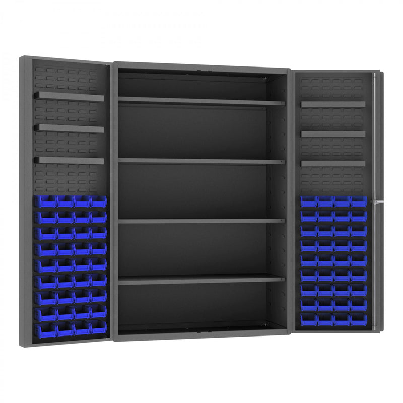 Durham Heavy Duty Cabinet, 14 Gauge, 48 x 24 x 72, 4 Adjustable Shelves, 72 Blue Bins