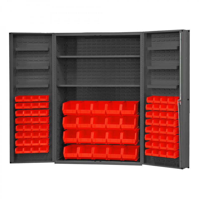 Durham Heavy Duty Cabinet, 14 Gauge, 48 x 24 x 72, 2 Adjustable Shelves, 84 Red Bins
