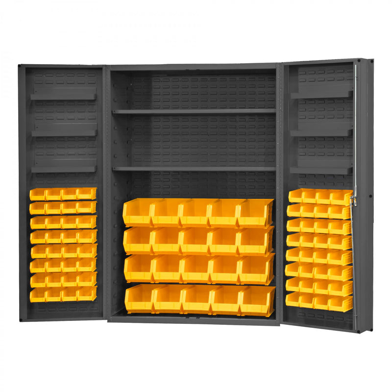 Durham Heavy Duty Cabinet, 14 Gauge, 48 x 24 x 72, 2 Adjustable Shelves, 84 Yellow Bins
