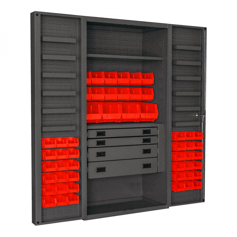 Durham Heavy Duty Cabinet, 14 Gauge, 36 x 24 x 72, 1 Fixed Shelf, 1 Adjustable Shelf, 52 Red Bins