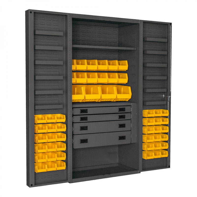 Durham Heavy Duty Cabinet, 14 Gauge, 36 x 24 x 72, 1 Fixed Shelf, 1 Adjustable Shelf, 52 Yellow Bins