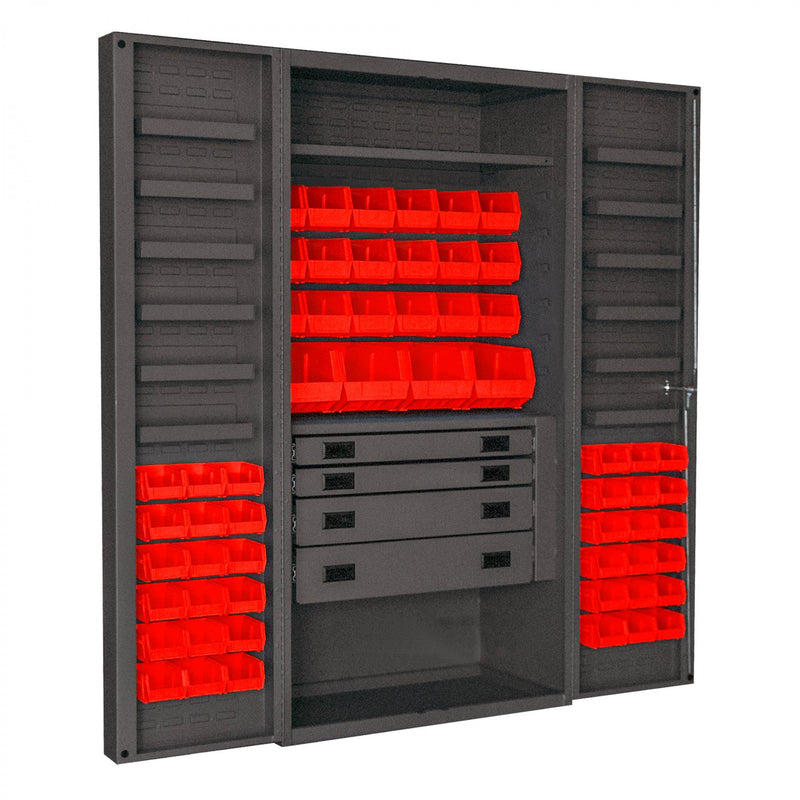 Durham Heavy Duty Cabinet, 14 Gauge, 36 x 24 x 72, 1 Fixed Shelf, 1 Adjustable Shelf, 58 Red Bins