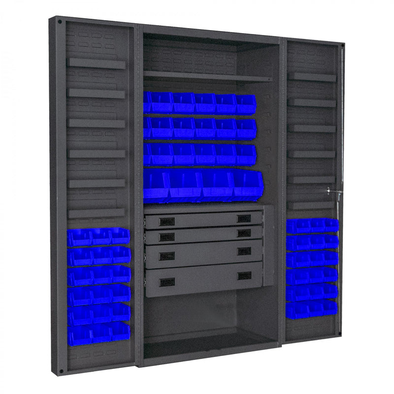 Durham Heavy Duty Cabinet, 14 Gauge, 36 x 24 x 72, 1 Fixed Shelf, 1 Adjustable Shelf, 58 Blue Bins