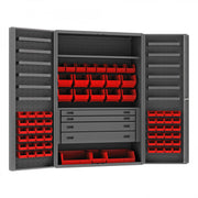 Durham Heavy Duty Cabinet, 14 Gauge, 48 x 24 x 72, 1 Fixed Shelf, 1 Adjustable Shelf, 69 Red Bins