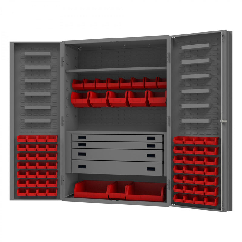 Durham Heavy Duty Cabinet, 14 Gauge, 48 x 24 x 72, 1 Fixed Shelf, 1 Adjustable Shelf, 72 Red Bins