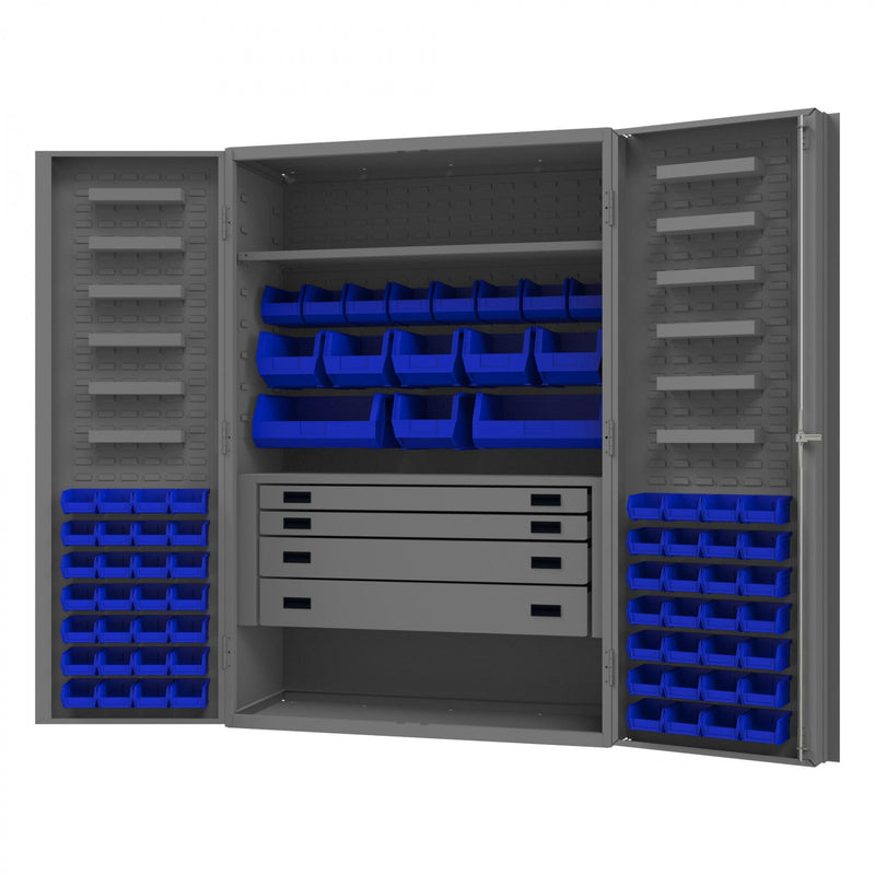 Durham Heavy Duty Cabinet, 14 Gauge, 48 x 24 x 72, 1 Fixed Shelf, 1 Adjustable Shelf, 72 Blue Bins
