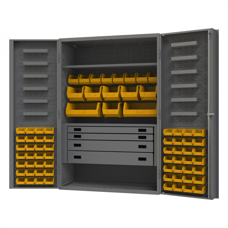 Durham Heavy Duty Cabinet, 14 Gauge, 48 x 24 x 72, 1 Fixed Shelf, 1 Adjustable Shelf, 72 Yellow Bins
