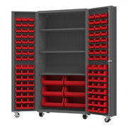 Durham Mobile Heavy Duty Cabinet, 14 Gauge, 36 x 24 x 76, 102 Red Bins, 3 Shelves, Gray