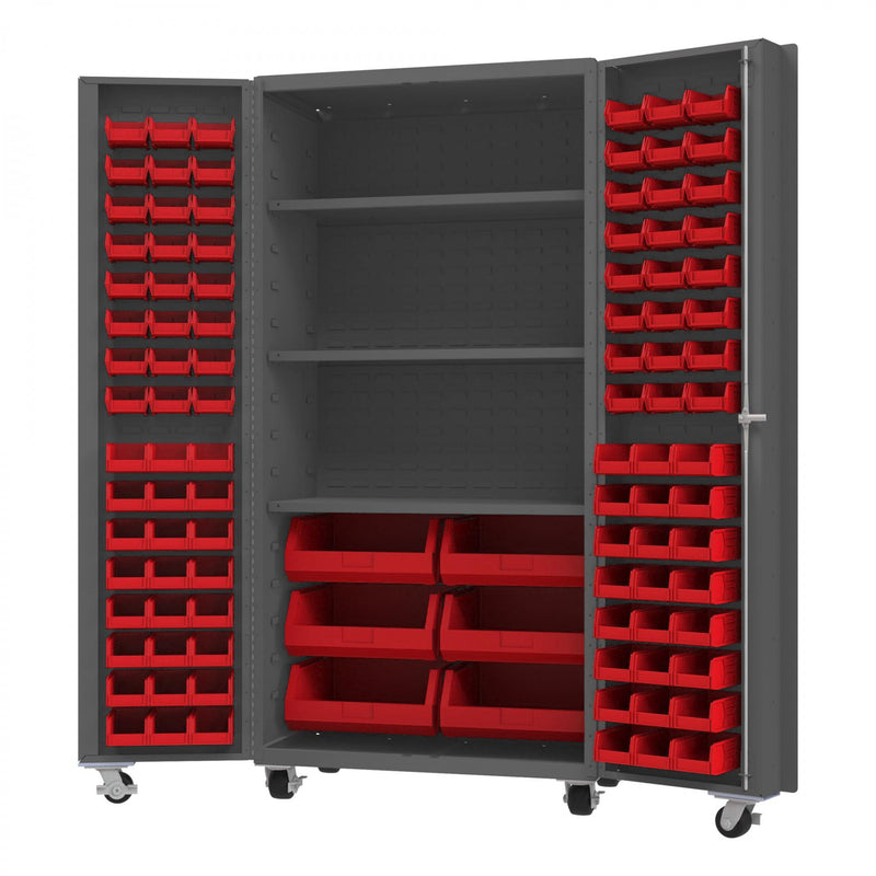 Durham Mobile Heavy Duty Cabinet, 14 Gauge, 36 x 24 x 76, 102 Red Bins, 3 Shelves, Gray