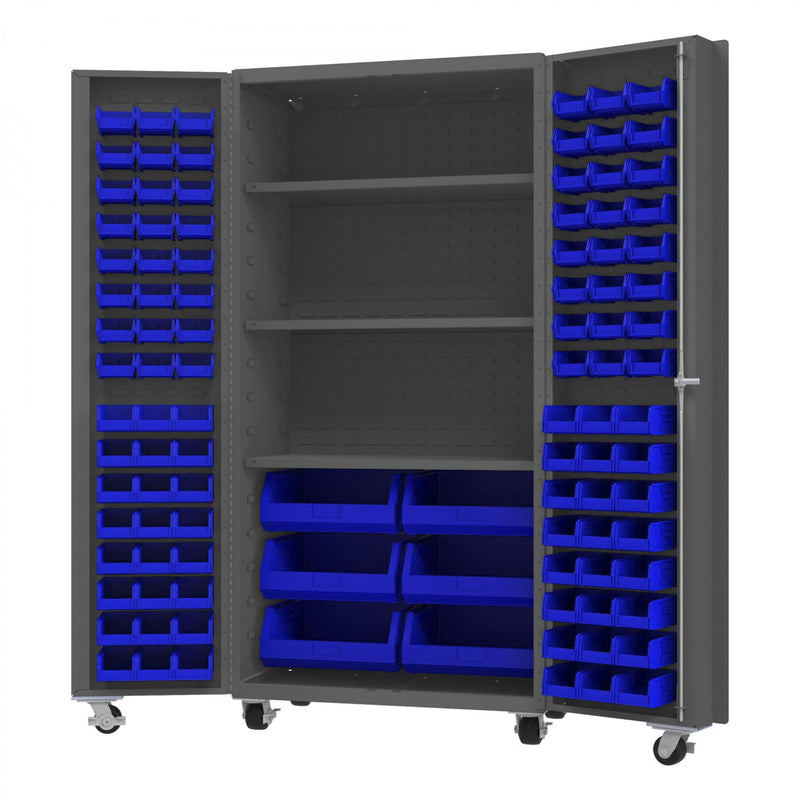 Durham Mobile Heavy Duty Cabinet, 14 Gauge, 36 x 24 x 76, 102 Blue  Bins, 3 Shelves, Gray
