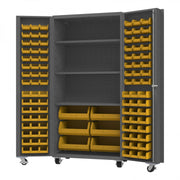 Durham Mobile Heavy Duty Cabinet, 14 Gauge, 36 x 24 x 76, 102 Yellow Bins, 3 Shelves, Gray