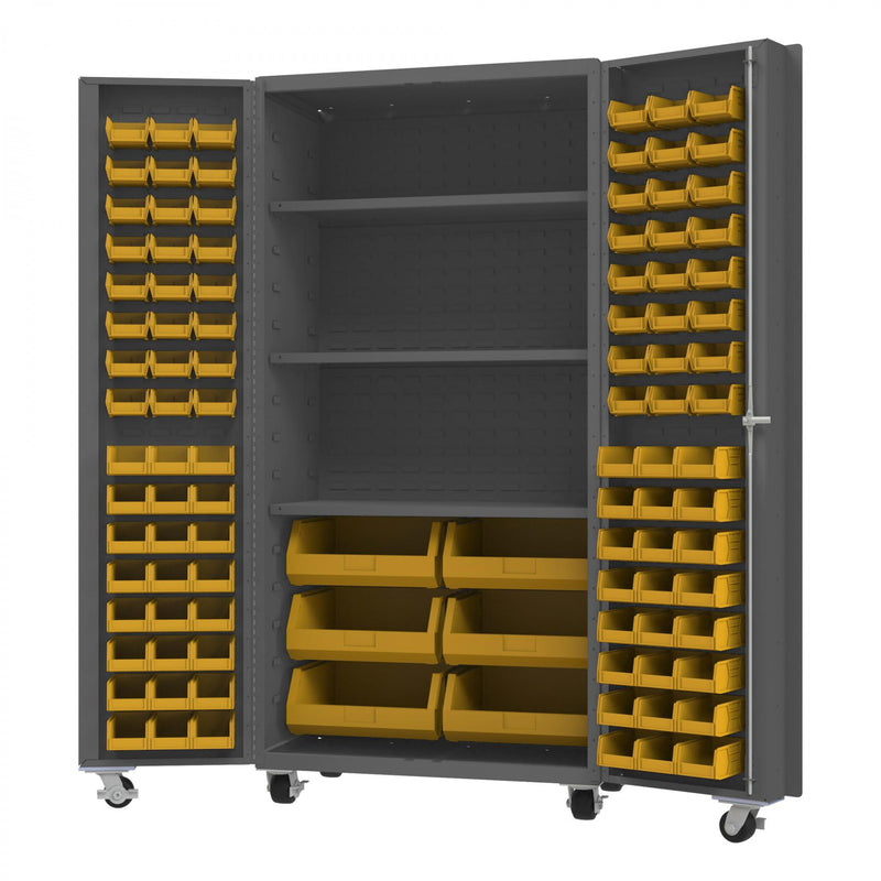 Durham Mobile Heavy Duty Cabinet, 14 Gauge, 36 x 24 x 76, 102 Yellow Bins, 3 Shelves, Gray