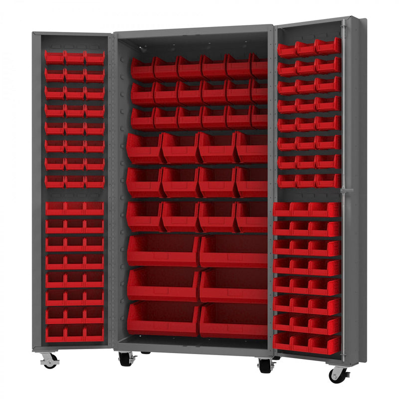 Durham Mobile Heavy Duty Cabinet, 14 Gauge, 36 x 24 x 76, 132 Red  Bins, Gray