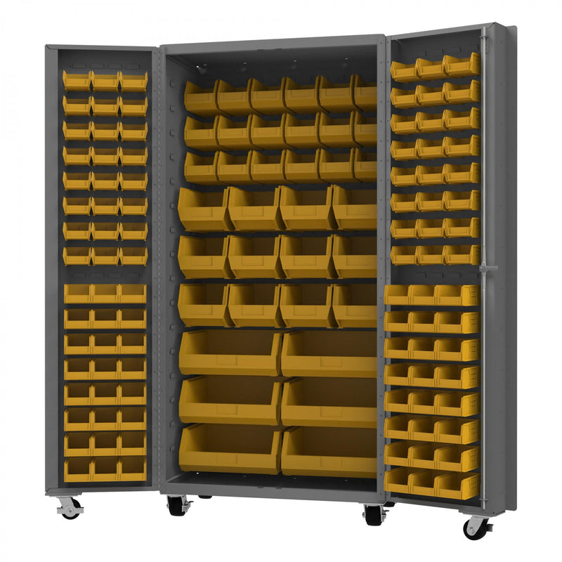Durham Mobile Heavy Duty Cabinet, 14 Gauge, 36 x 24 x 76, 132 Yellow Bins, Gray