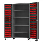 Durham Mobile Heavy Duty Cabinet, 14 Gauge, 36 x 24 x 76, 96 Red  Bins, 4 Shelves, Gray