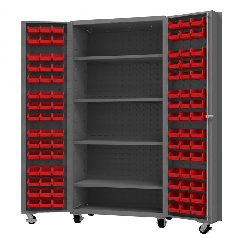 Durham Mobile Heavy Duty Cabinet, 14 Gauge, 36 x 24 x 76, 96 Red  Bins, 4 Shelves, Gray
