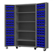Durham Mobile Heavy Duty Cabinet, 14 Gauge, 36 x 24 x 76, 96 Blue Bins, 4 Shelves, Gray