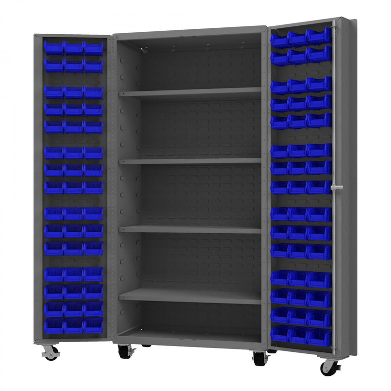 Durham Mobile Heavy Duty Cabinet, 14 Gauge, 36 x 24 x 76, 96 Blue Bins, 4 Shelves, Gray