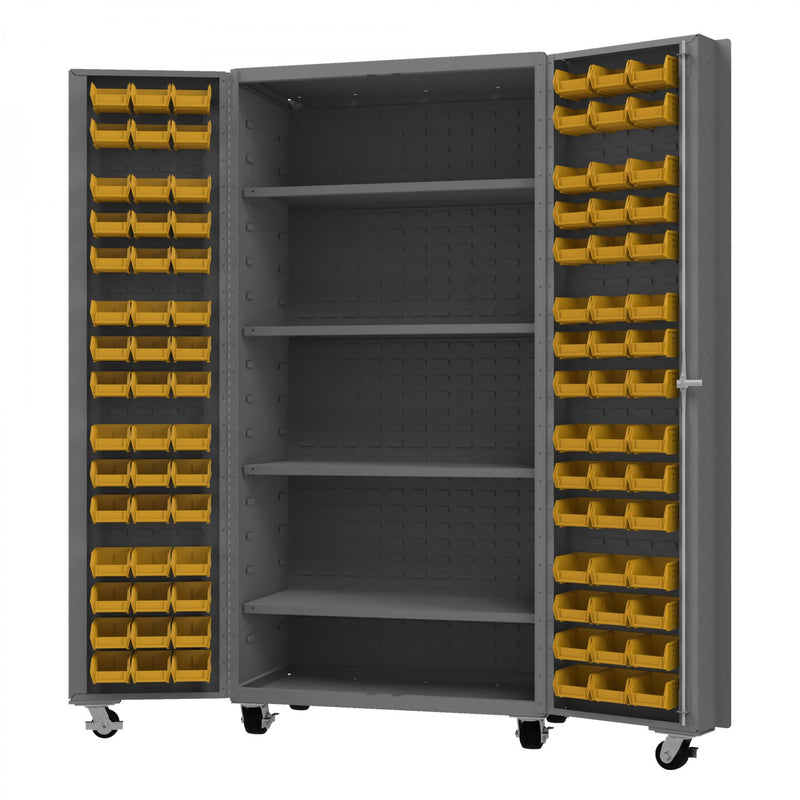 Durham Mobile Heavy Duty Cabinet, 14 Gauge, 36 x 24 x 76, 96 Yellow Bins, 4 Shelves, Gray
