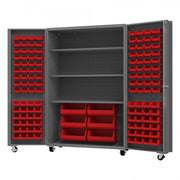 Durham Mobile Heavy Duty Cabinet, 14 Gauge, 48 x 24 x 76, 126 Red Bins, 3 Shelves, Gray