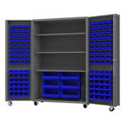 Durham Mobile Heavy Duty Cabinet, 14 Gauge, 48 x 24 x 76, 126 Blue Bins, 3 Shelves, Gray