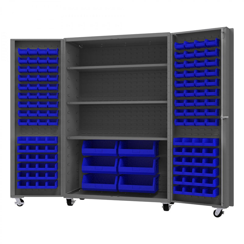 Durham Mobile Heavy Duty Cabinet, 14 Gauge, 48 x 24 x 76, 126 Blue Bins, 3 Shelves, Gray