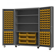 Durham Mobile Heavy Duty Cabinet, 14 Gauge, 48 x 24 x 76, 126 Yellow Bins, 3 Shelves, Gray