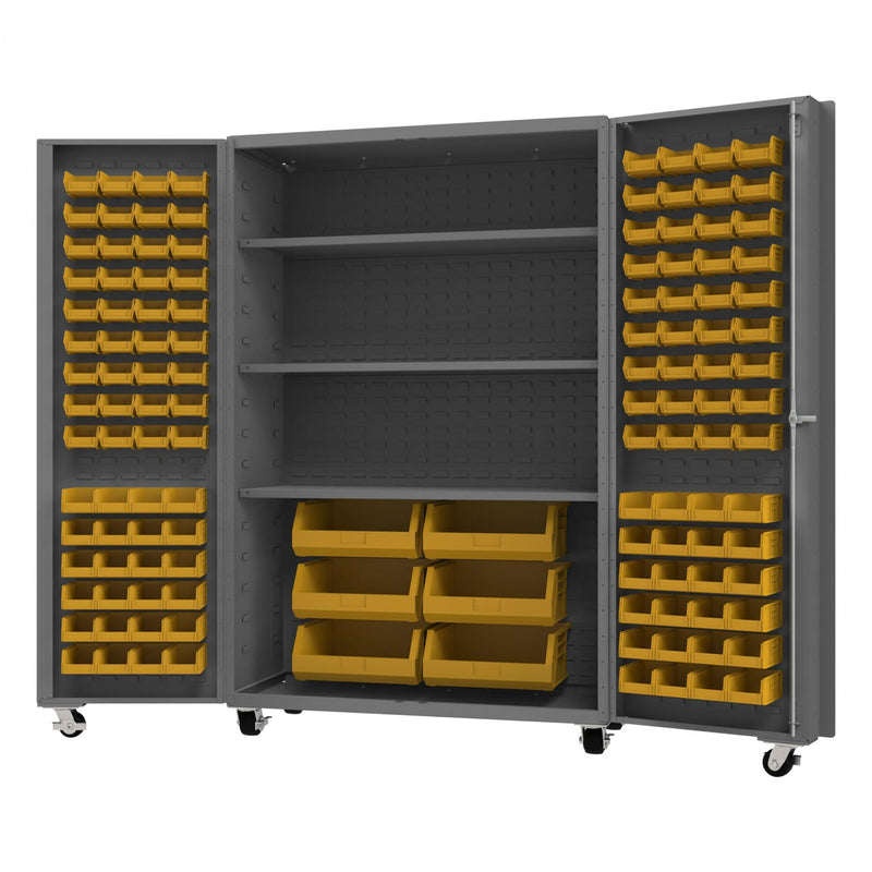 Durham Mobile Heavy Duty Cabinet, 14 Gauge, 48 x 24 x 76, 126 Yellow Bins, 3 Shelves, Gray