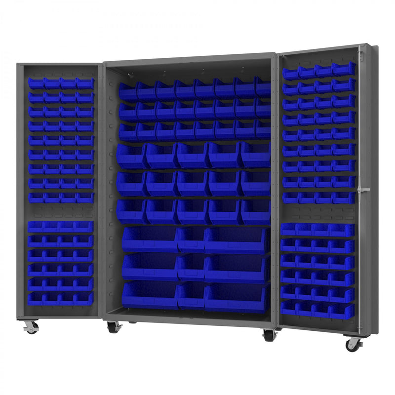 Durham Mobile Heavy Duty Cabinet, 14 Gauge, 48 x 24 x 76, 168 Blue Bins, Gray