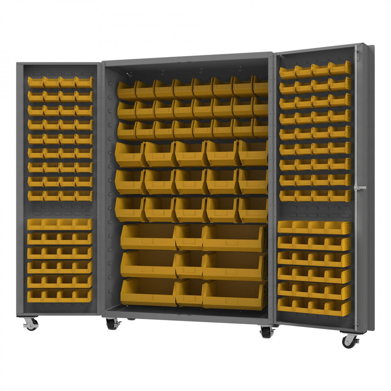 Durham Mobile Heavy Duty Cabinet, 14 Gauge, 48 x 24 x 76, 168 Yellow Bins, Gray