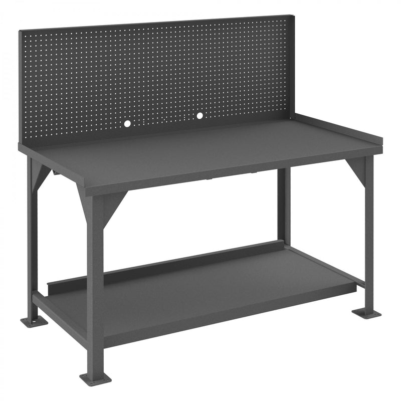 Durham Heavy Duty Workbench, 72 x 30, 12 Gauge, Steel Top, 1-1/2" End Stops, Pegboard Panel